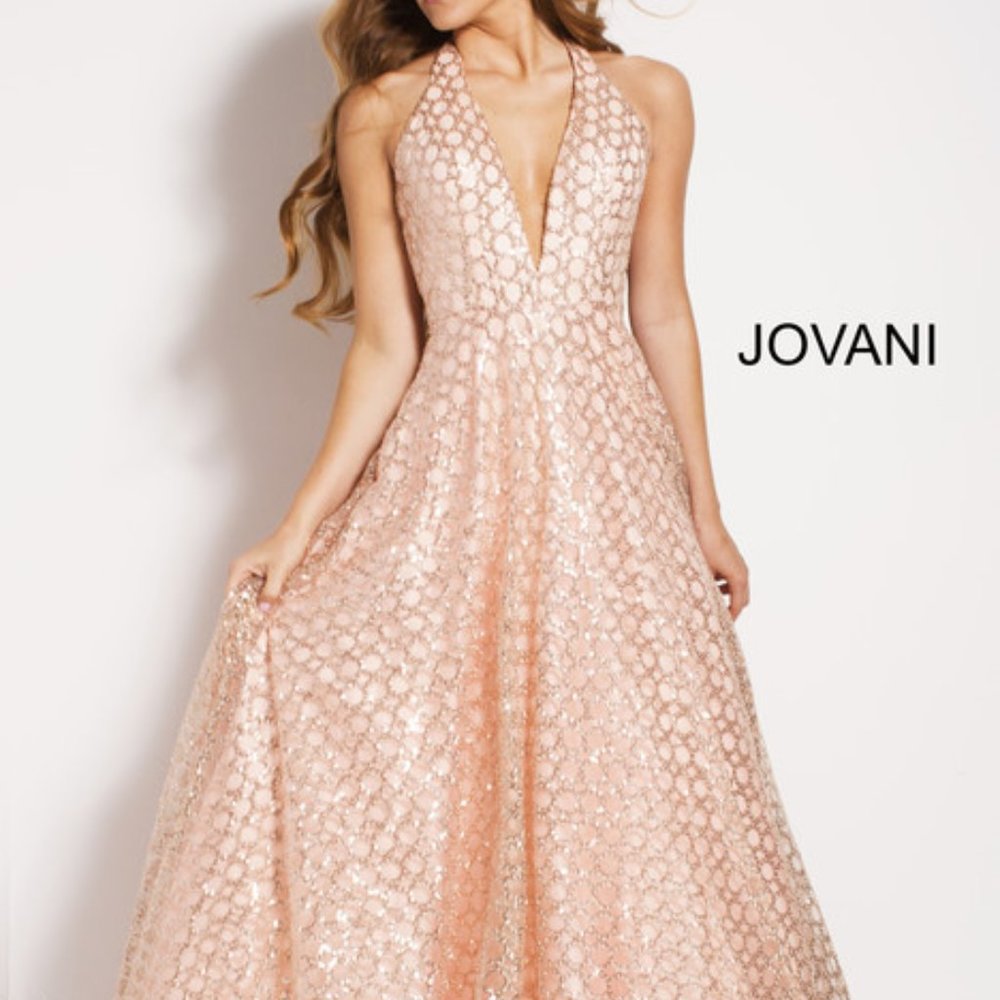 Jovani Blush Sequin Halter Prom Dress